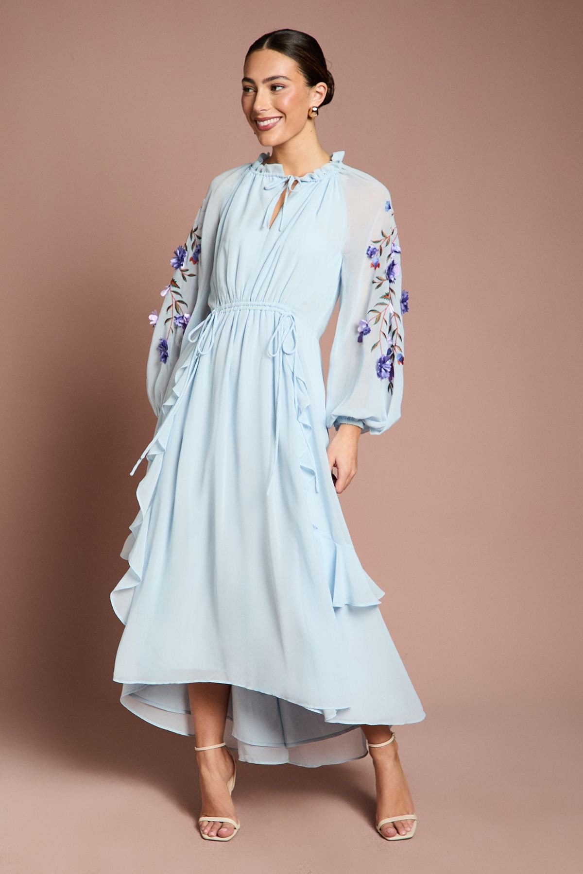 Coast Light Blue Floral Ruched Midi Dress