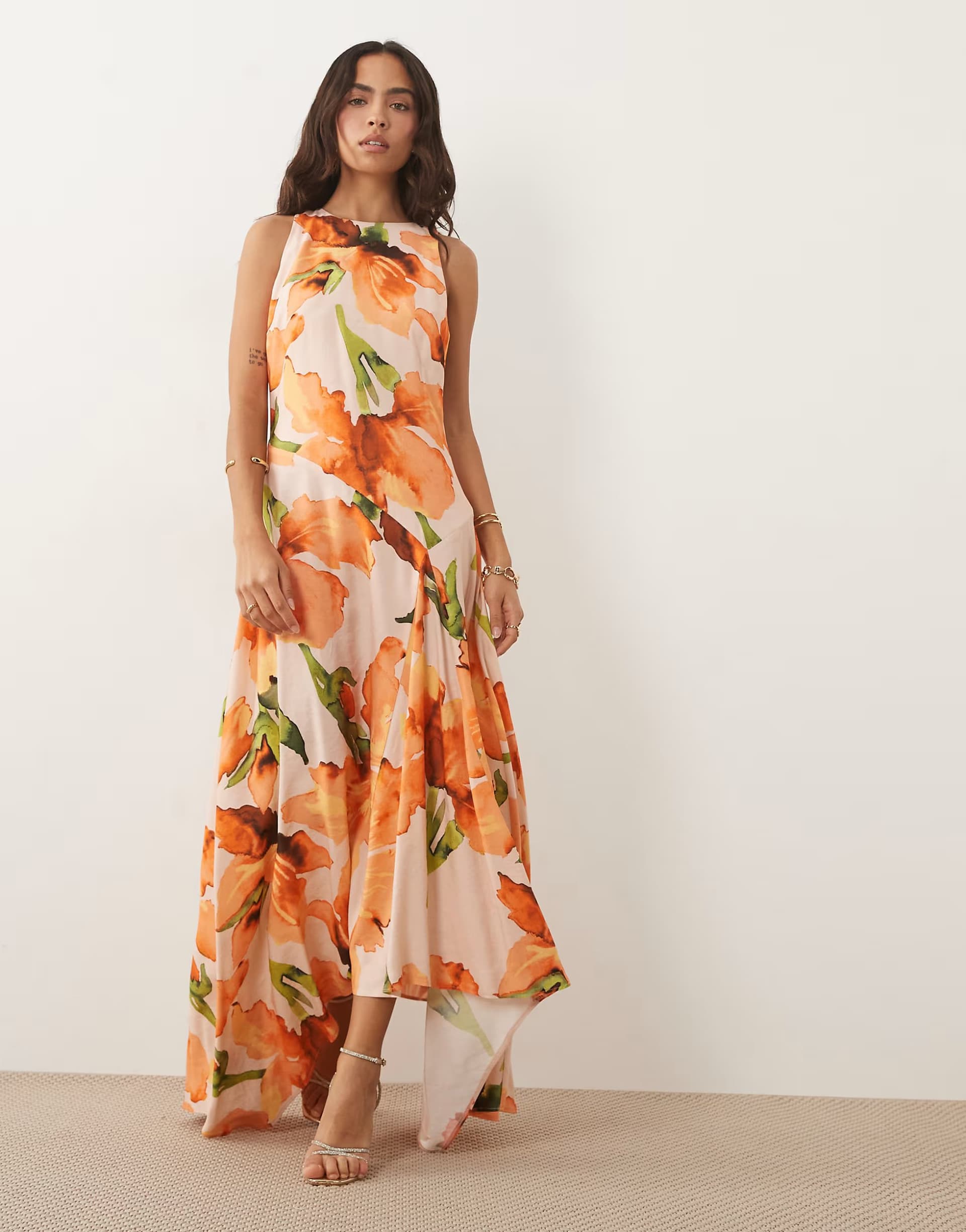 ASOS ASOS DESIGN sleeveless racer hanky hem maxi dress in orange floral