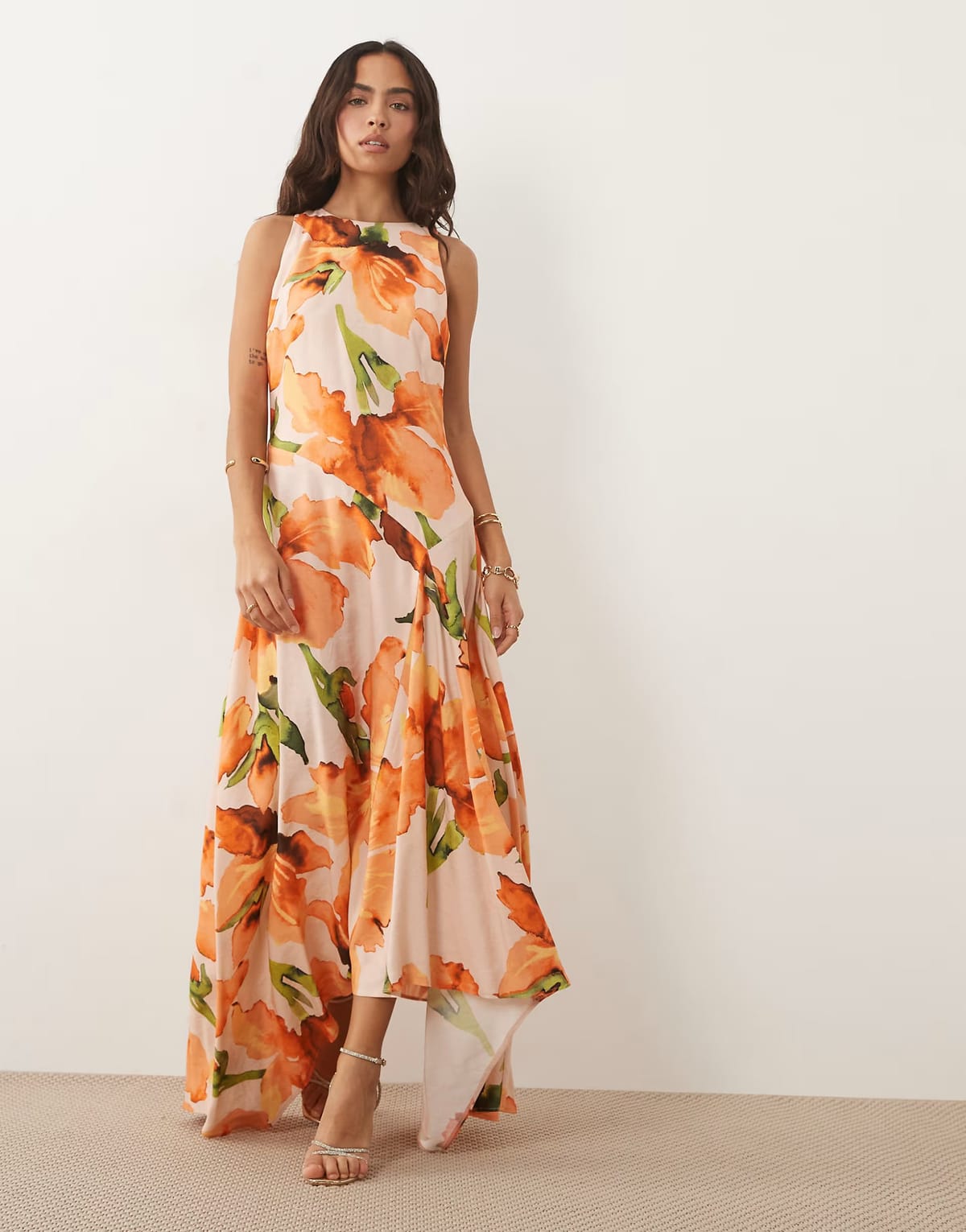 ASOS ASOS DESIGN sleeveless racer hanky hem maxi dress in orange floral - 1