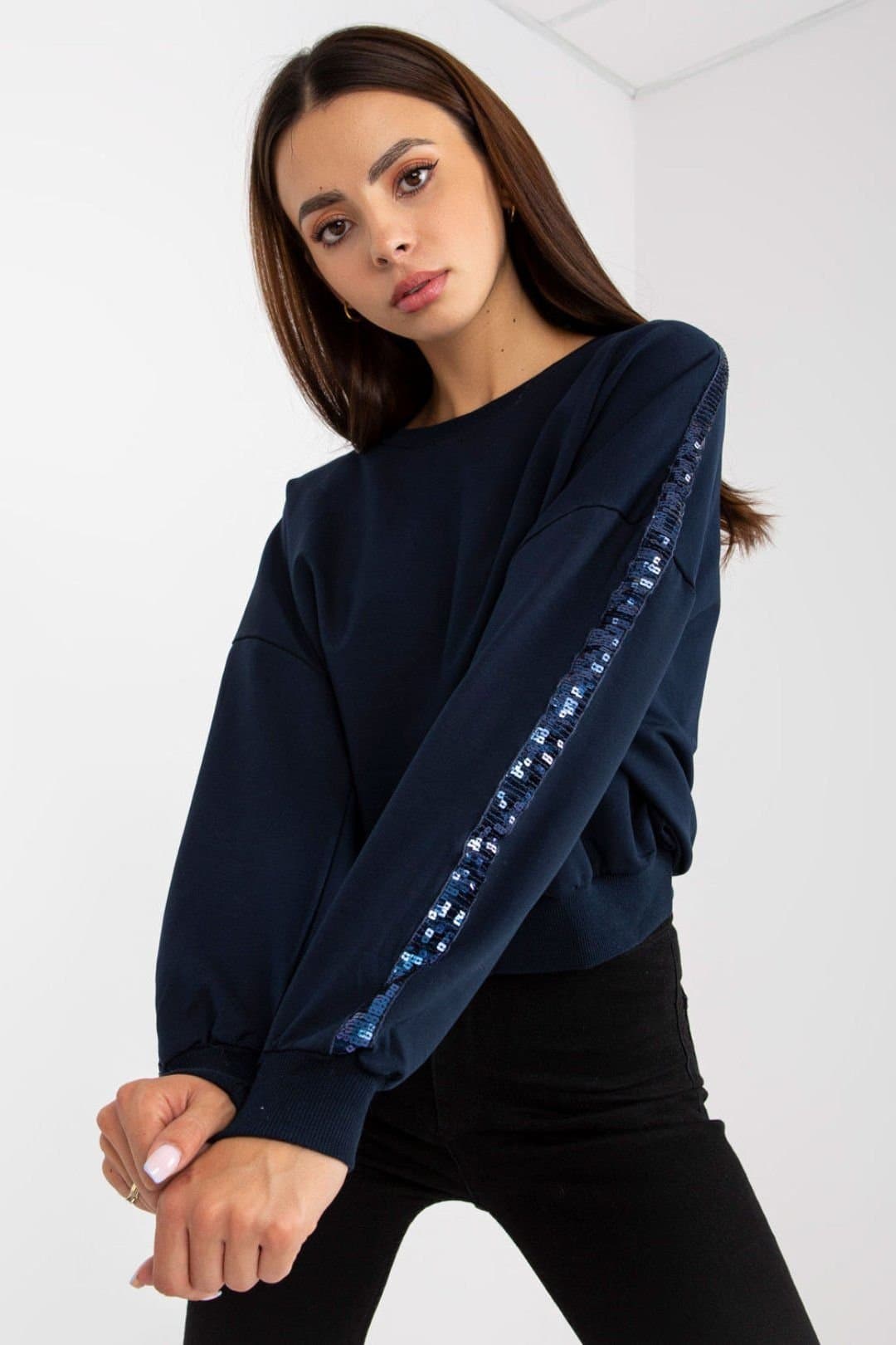 Love Lace Love Lace Women's Long Sleeve Sequin Cuff Blouse in Blue