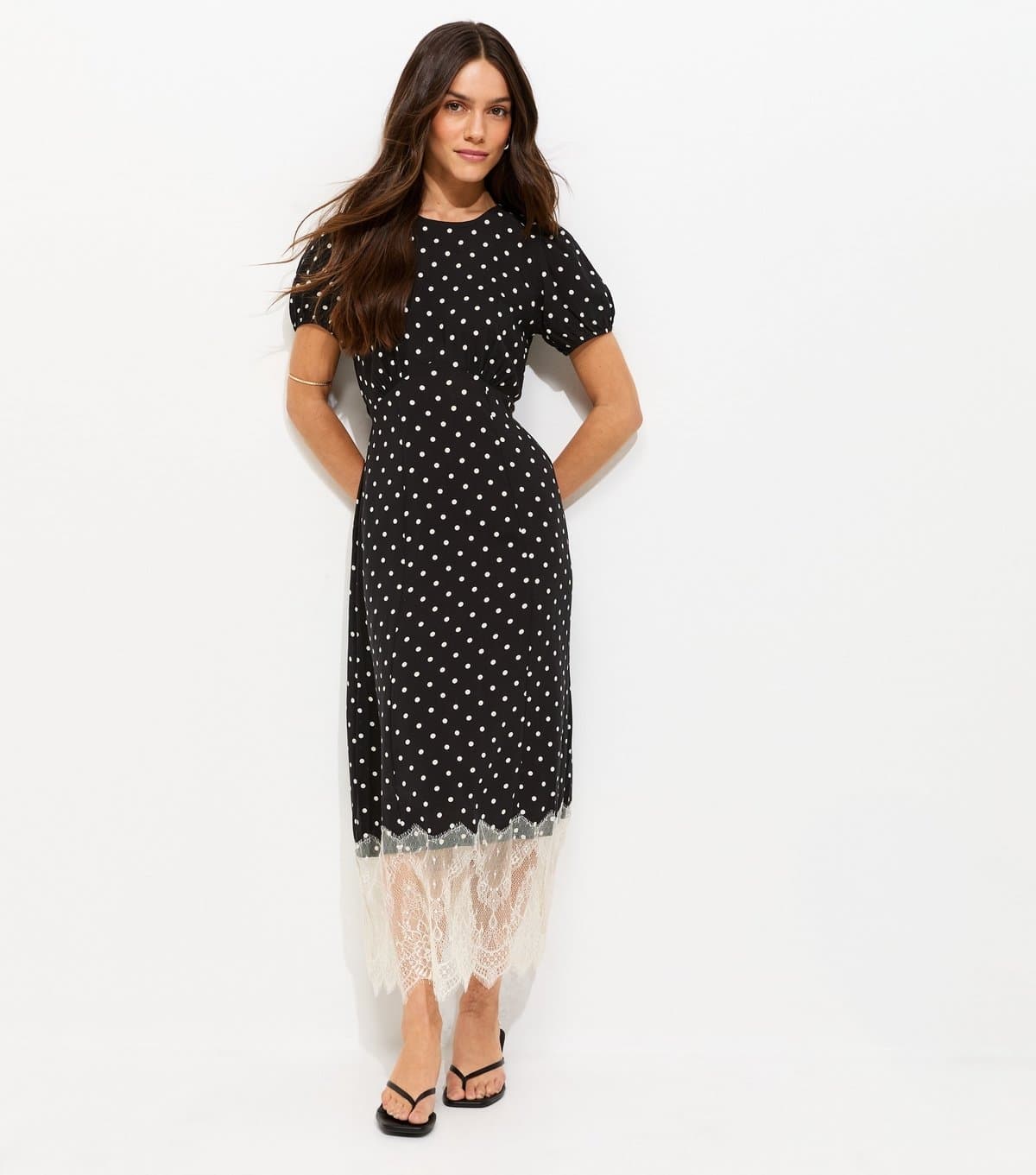 New Look Women's Petite Black Spot Print Lace Hem Midi Dress New Look