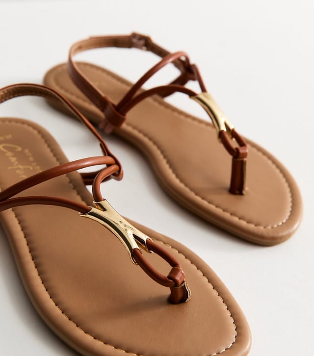 New Look Women's Tan Faux Leather Hardware Detail Toe Post Sandals Vegan New Look - 3