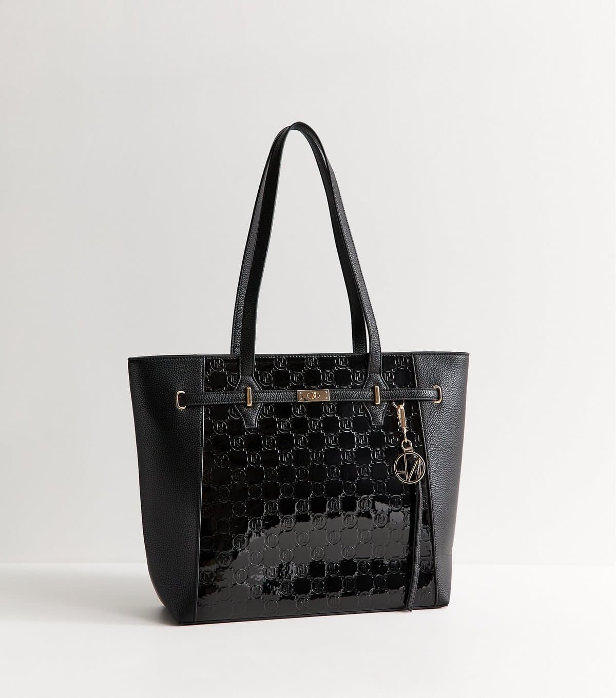 New Look Black Patent Faux Leather Belted Monogram Tote Bag New Look