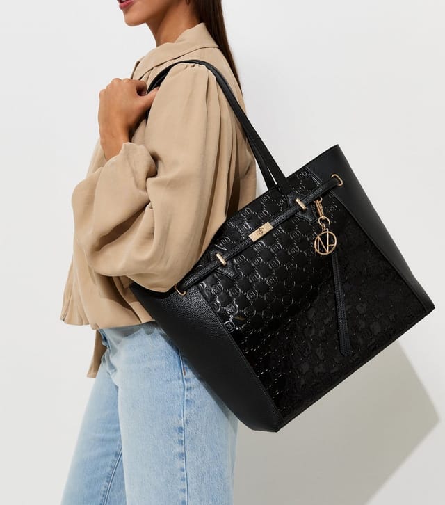 New Look Black Patent Faux Leather Belted Monogram Tote Bag New Look - 2