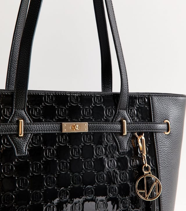 New Look Black Patent Faux Leather Belted Monogram Tote Bag New Look - 3