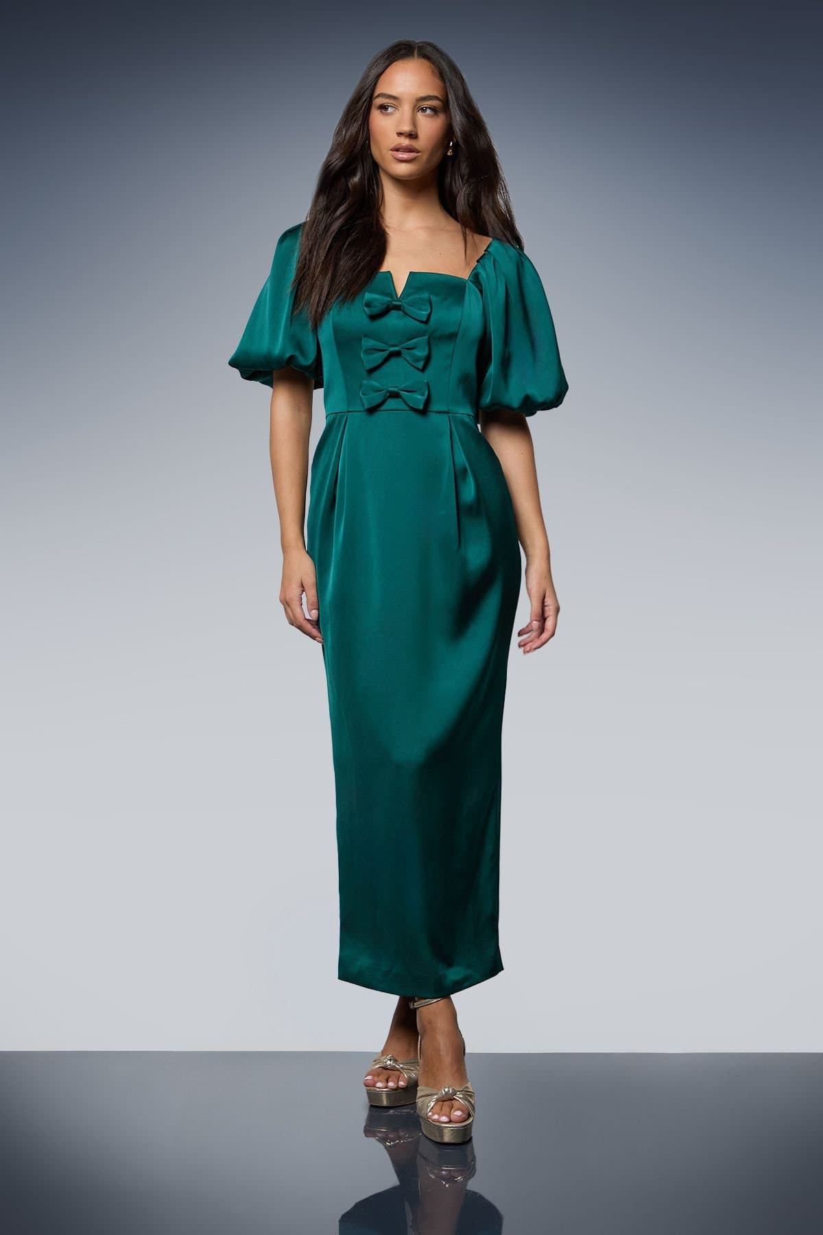 Oasis Oasis Women's Satin Bow Front Puff Sleeve Midi Dress in Teal