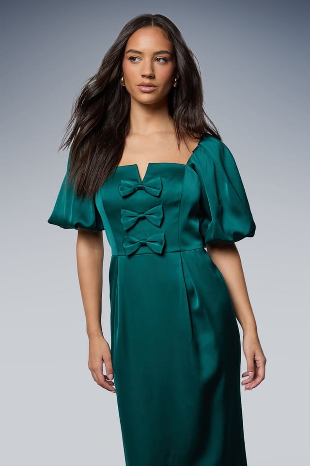 Oasis Oasis Women's Satin Bow Front Puff Sleeve Midi Dress in Teal - 2