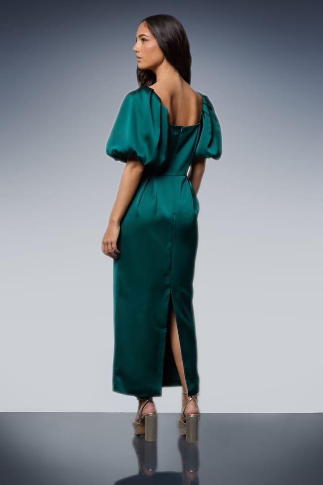 Oasis Oasis Women's Satin Bow Front Puff Sleeve Midi Dress in Teal - 3