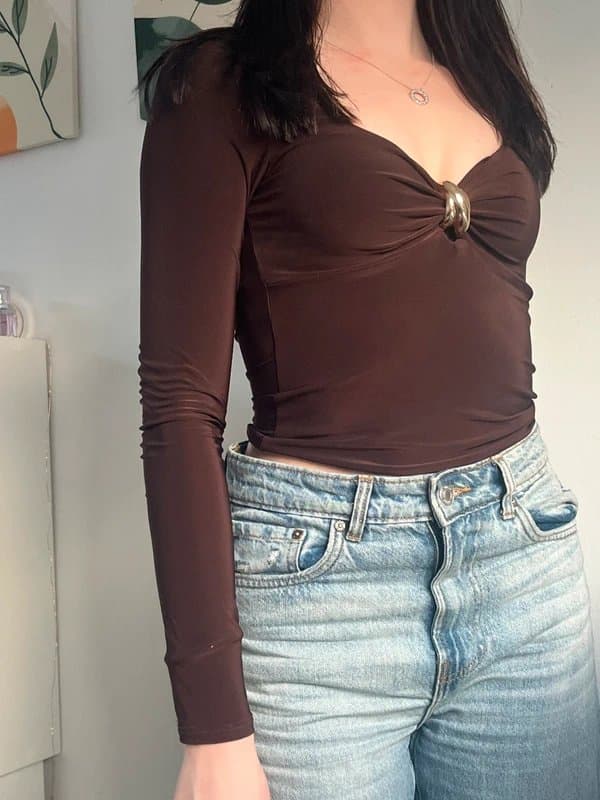 ASOS Brown Ruched Top with Gold Detail