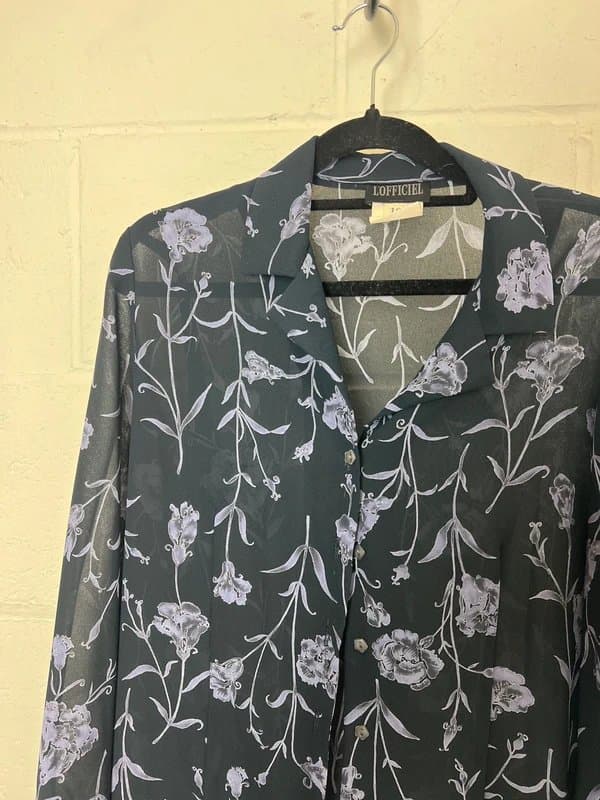 LOfficina Della Moda L’Officiel Floral Chiffon Blouse Navy Blue Button Up