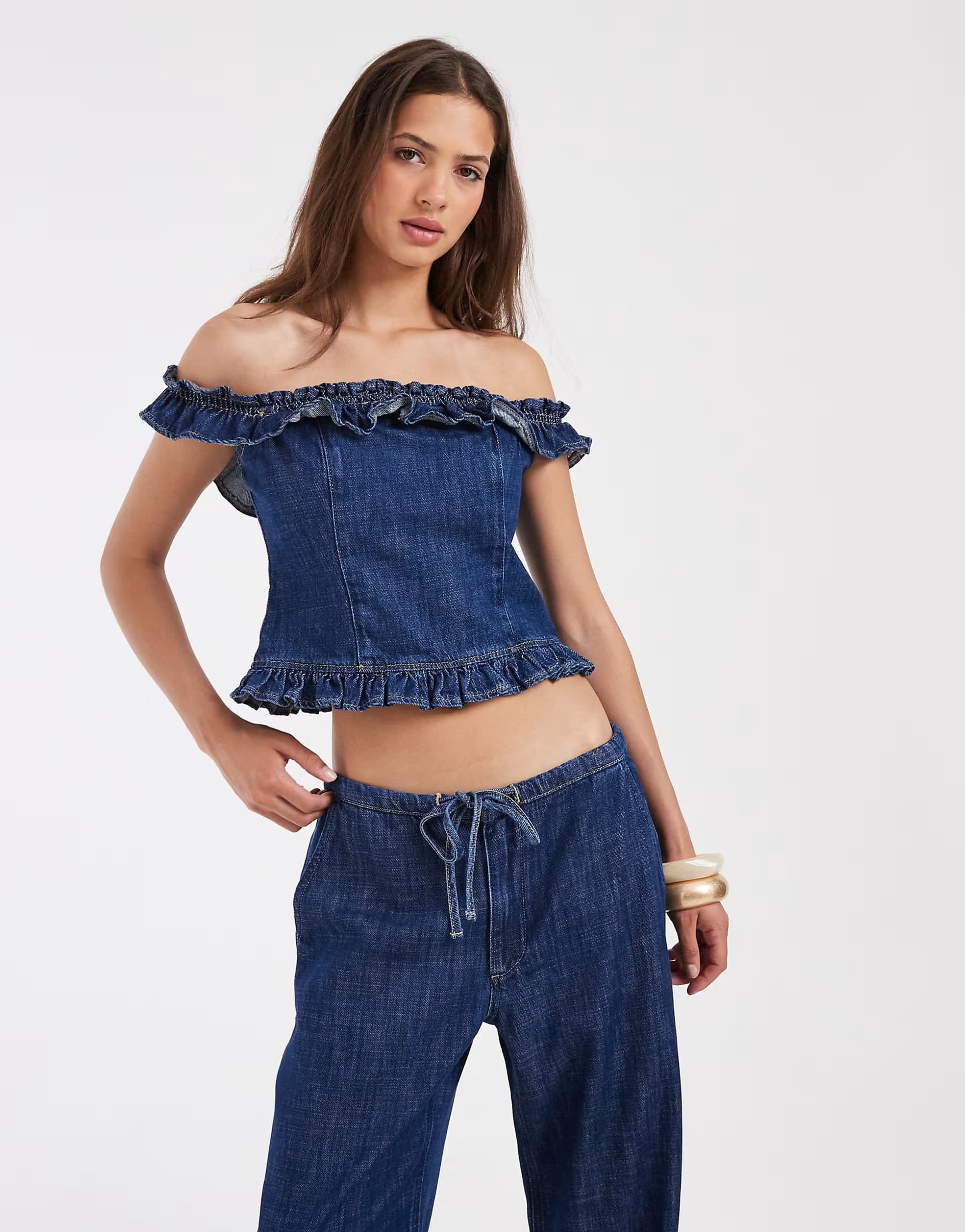 ASOS ASOS DESIGN frill bardot denim top co ord in mid blue