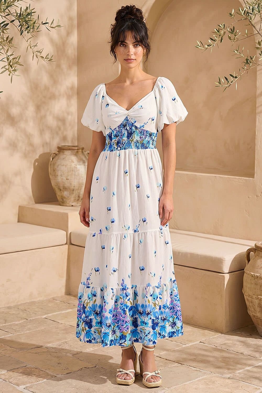 Dusk Dusk Women's Floral Print Puff Sleeve Midi Dress in White