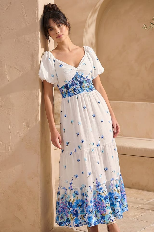 Dusk Dusk Women's Floral Print Puff Sleeve Midi Dress in White - 2
