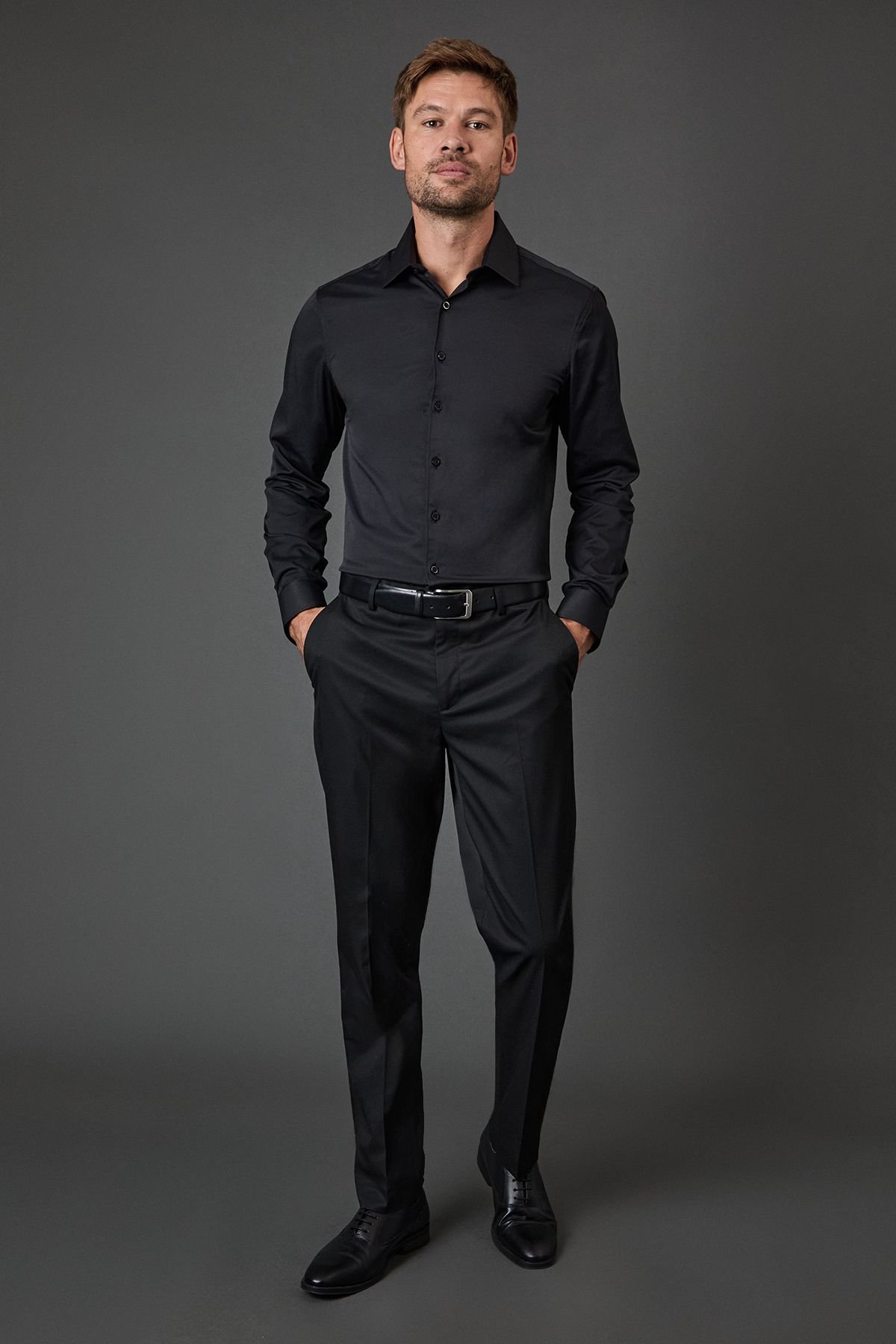 Burton Burton Men's Black Skinny Fit Long Sleeve Easy Iron Shirt - 4