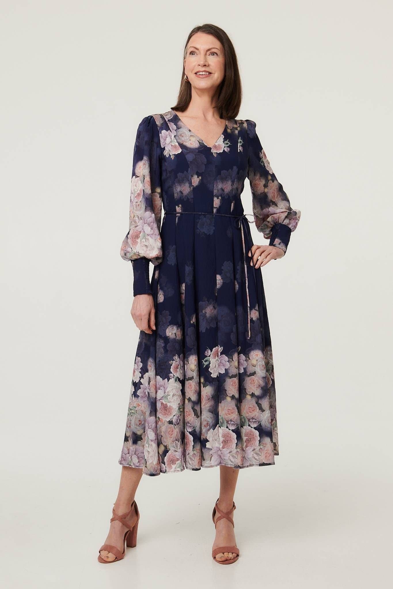 Izabel London Izabel London Women's Floral Long Balloon Sleeve Midi Dress in Navy