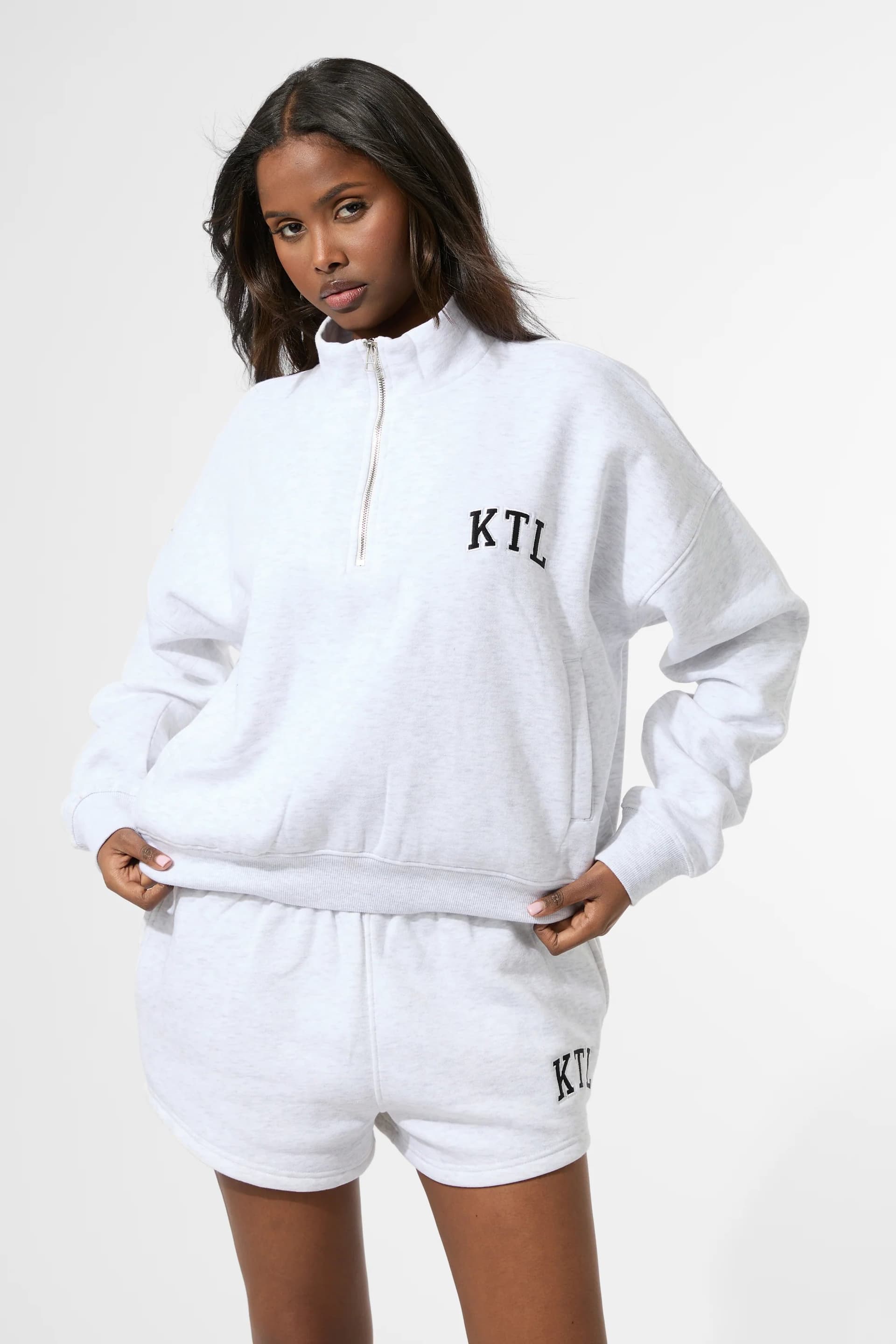 Kaiia Kaiia KTL Logo Oversized Quarter Zip Sweatshirt Light Grey Marl