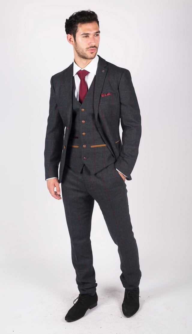 Paul Andrew Paul Andrew Men's Madrid Herringbone Tweed 3 Piece Navy Suit - 2
