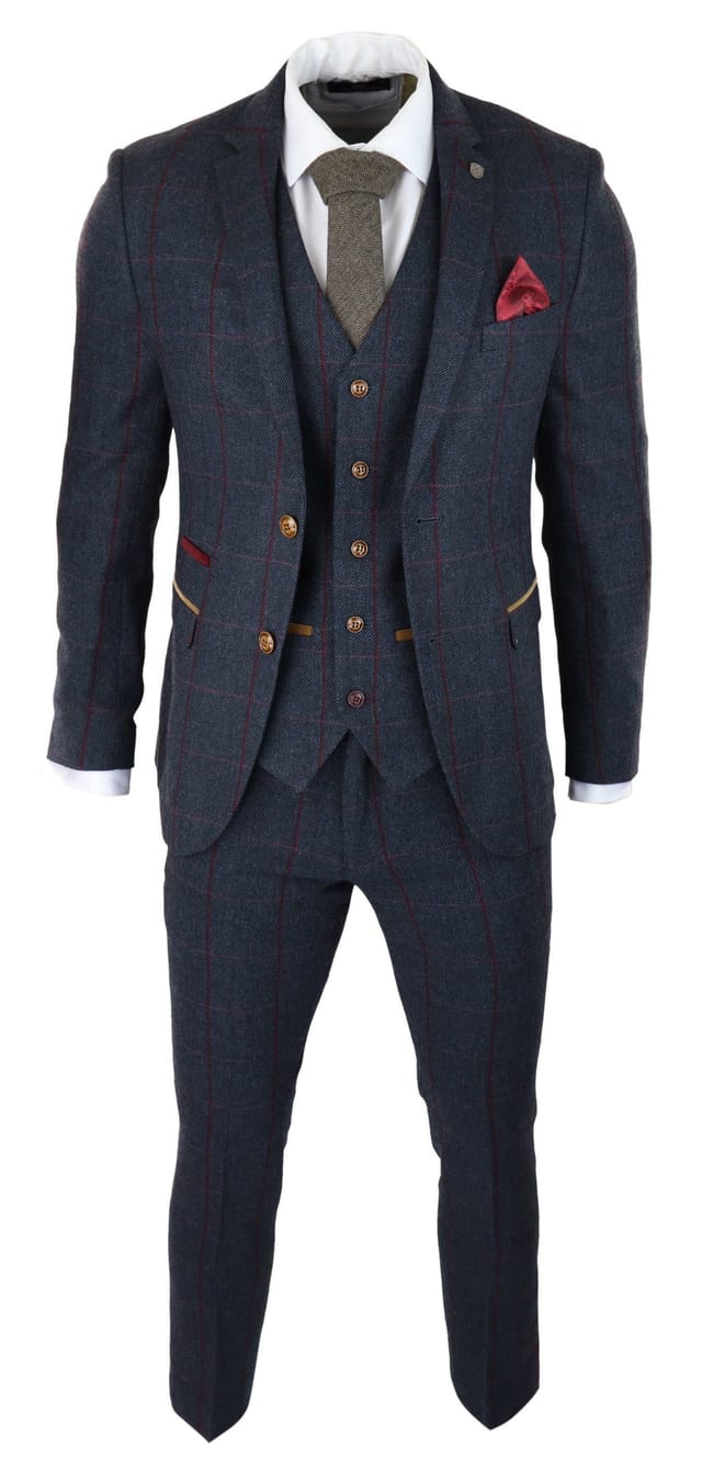 Paul Andrew Paul Andrew Men's Madrid Herringbone Tweed 3 Piece Navy Suit - 3