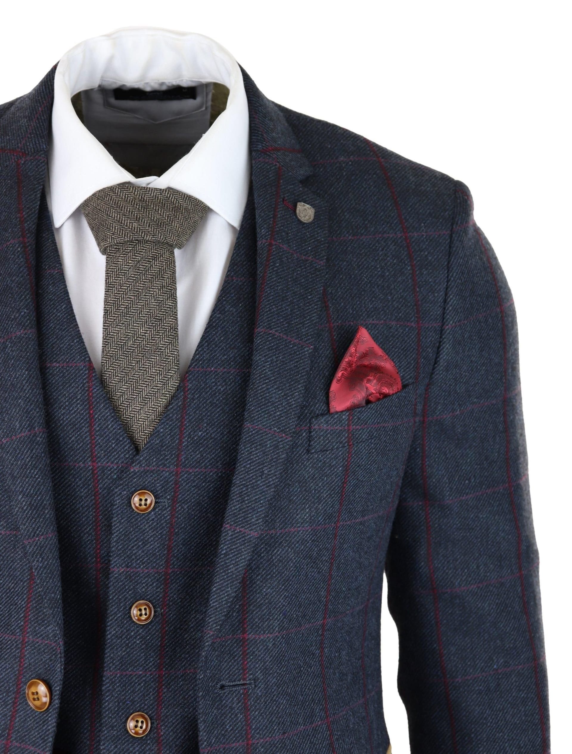 Paul Andrew Paul Andrew Men's Madrid Herringbone Tweed 3 Piece Navy Suit - 4