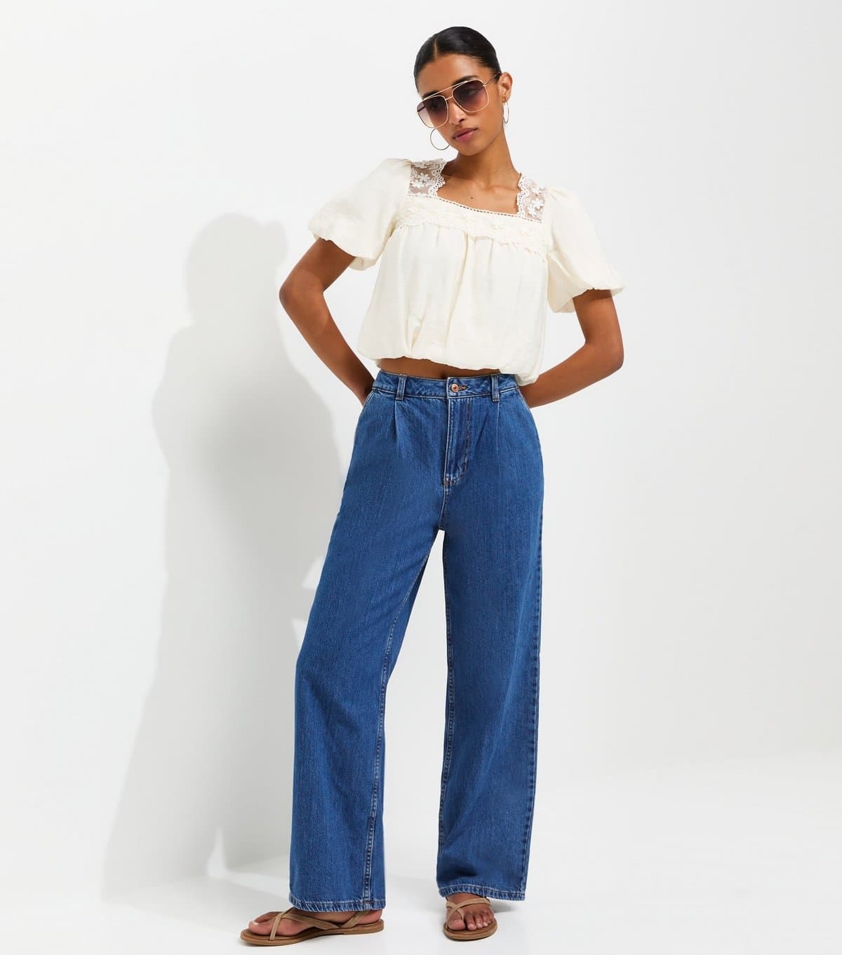 New Look Women's Blue Pleated Wide Leg Jeans New Look