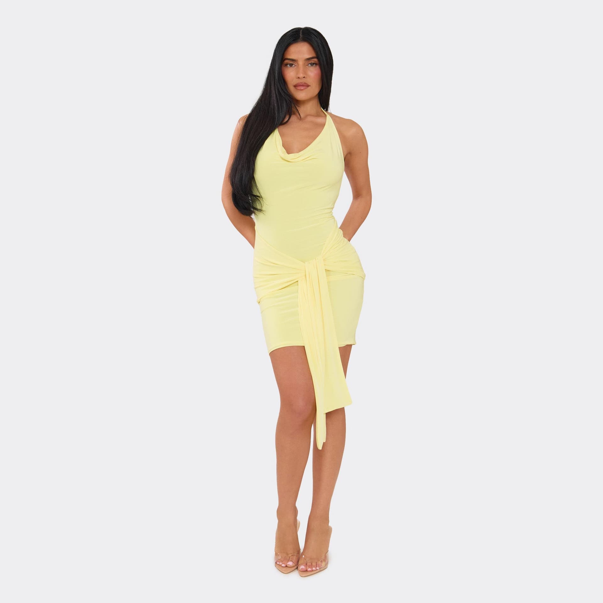 EGO Cowl Halterneck Tie Front Mini Dress In Lemon, Women's Size UK 6