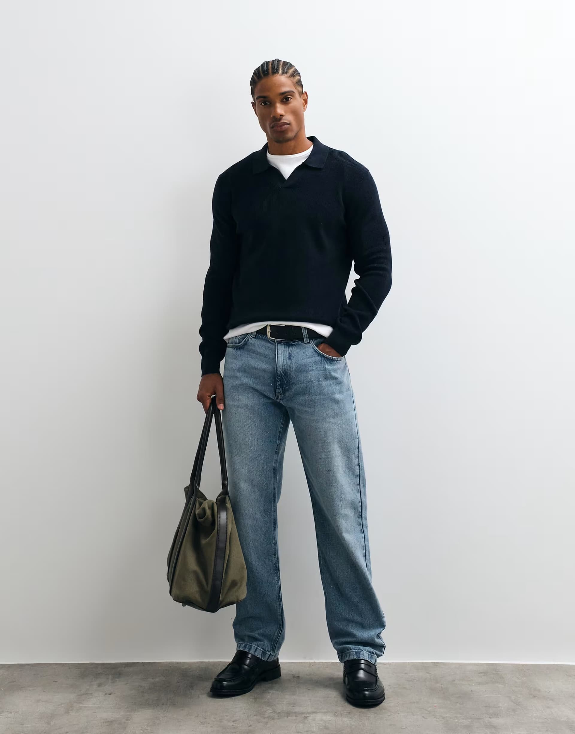ASOS Mango 100% cotton revere neck knitted jumper in navy