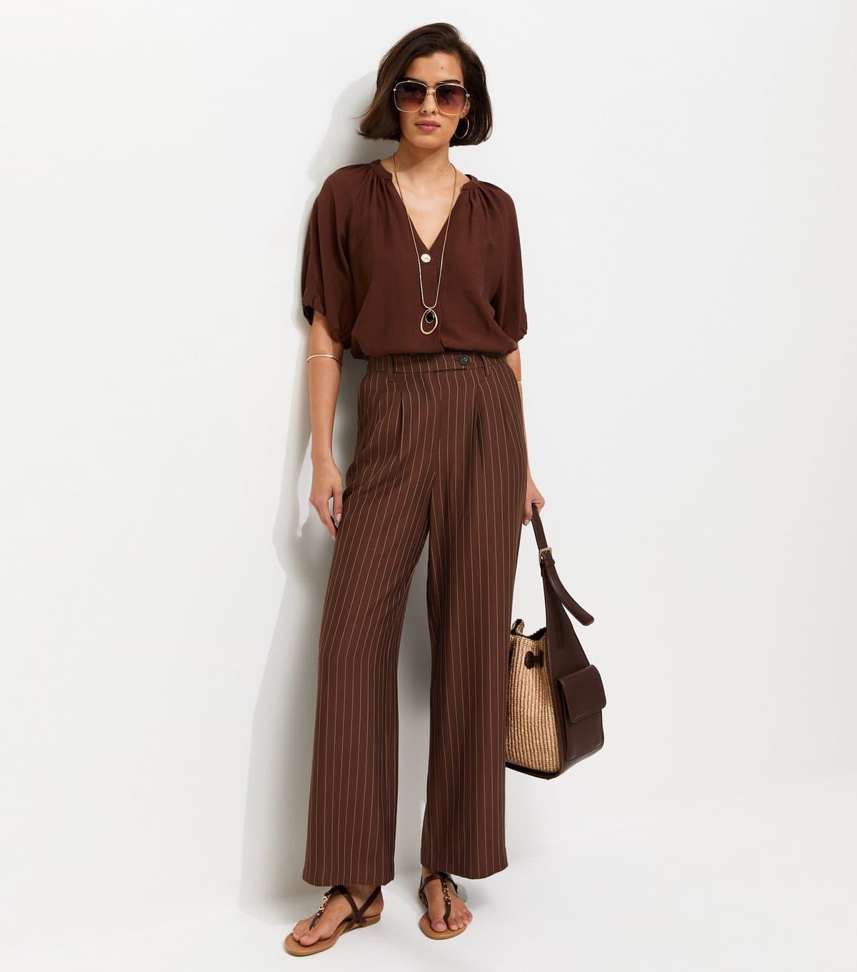 New Look New Look Dark Brown Stripe Wide Leg Trousers