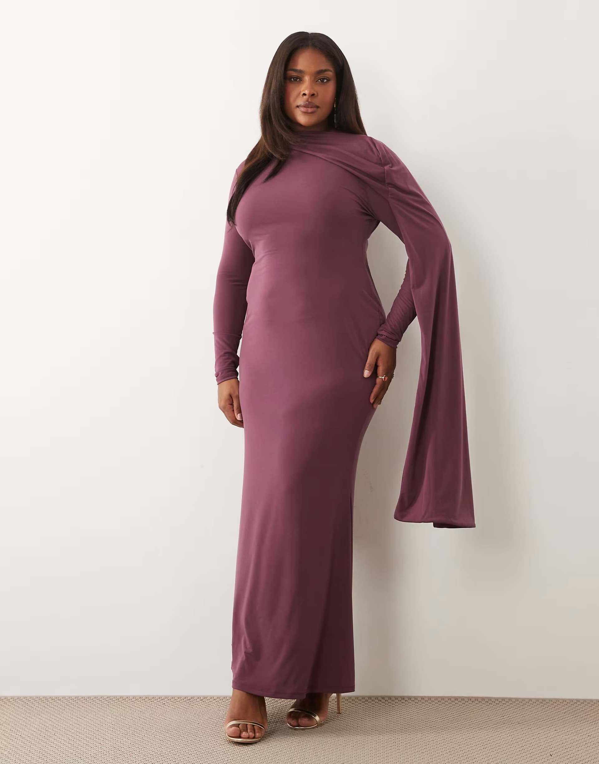 ASOS ASOS DESIGN Curve slinky long sleeve maxi dress with extreme cape shoulder detail in mauve