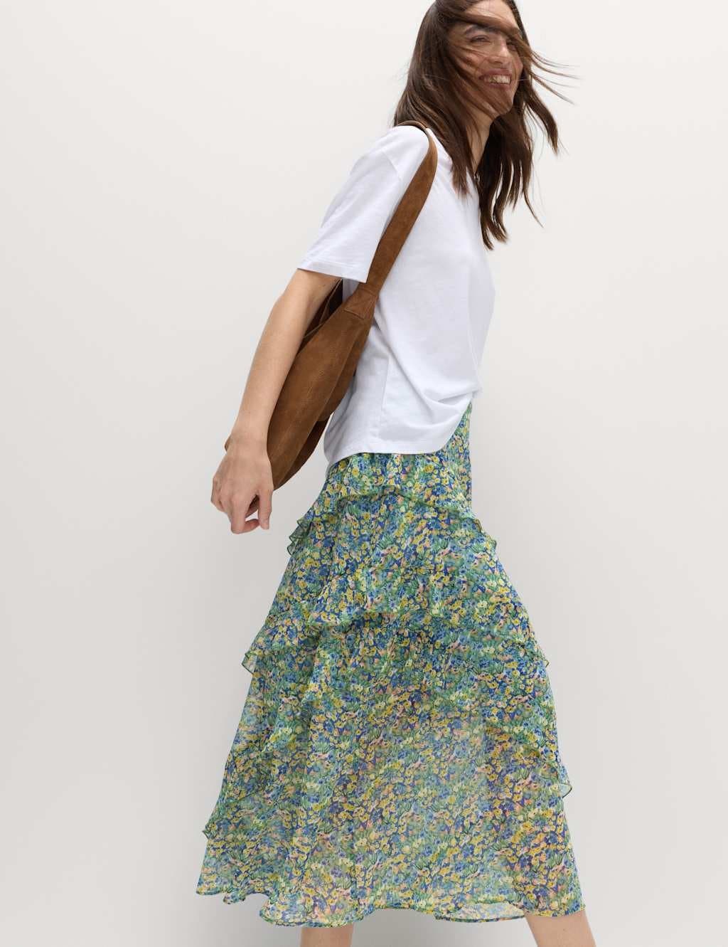 Marks & Spencer M&S Floral Ruffle Midi Tiered Skirt Multi