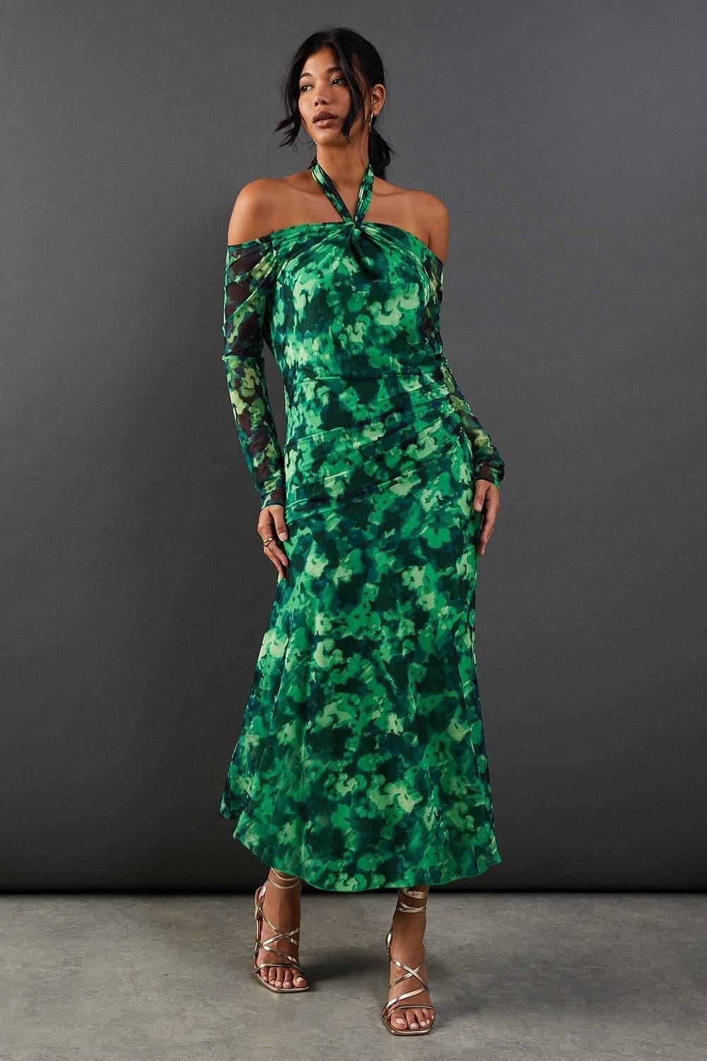 Warehouse Warehouse Women's Abstract Print Twist Mesh Midi Dress in Green