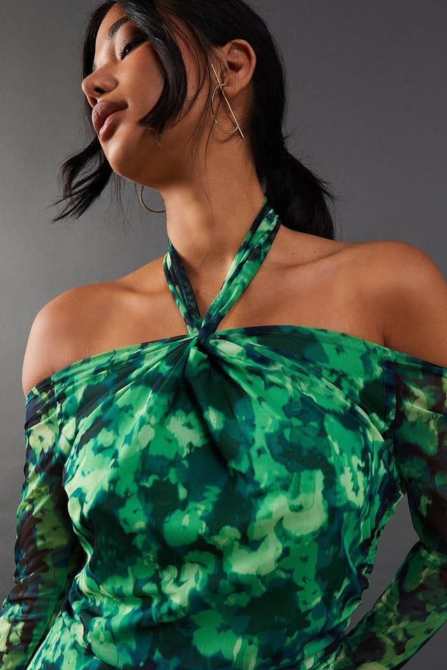 Warehouse Warehouse Women's Abstract Print Twist Mesh Midi Dress in Green - 2