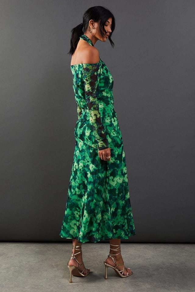 Warehouse Warehouse Women's Abstract Print Twist Mesh Midi Dress in Green - 3