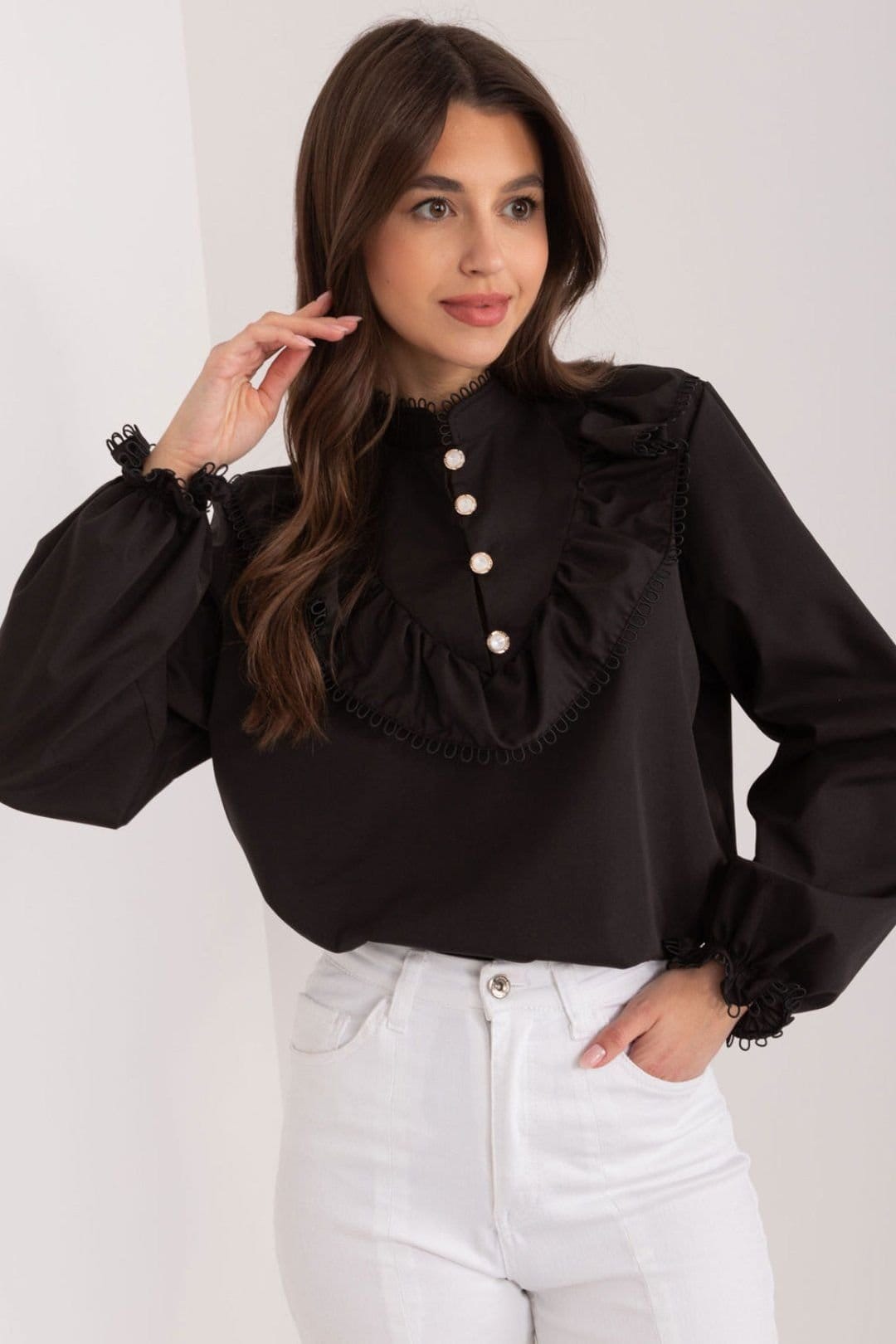 Love Lace Black Cotton Blouse with Front Ruffle