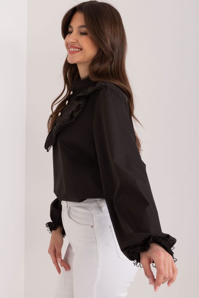 Love Lace Love Lace Women's Elegant Cotton Blouse with Front Ruffle in Black - 2