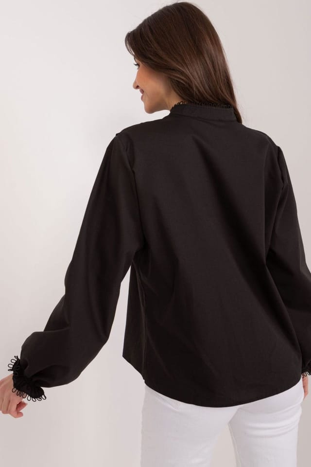Love Lace Love Lace Women's Elegant Cotton Blouse with Front Ruffle in Black - 3