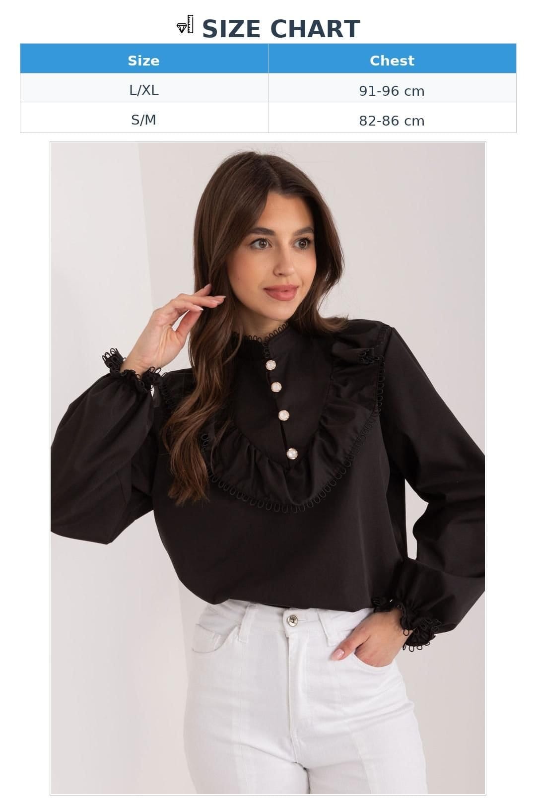 Love Lace Love Lace Women's Elegant Cotton Blouse with Front Ruffle in Black - 4