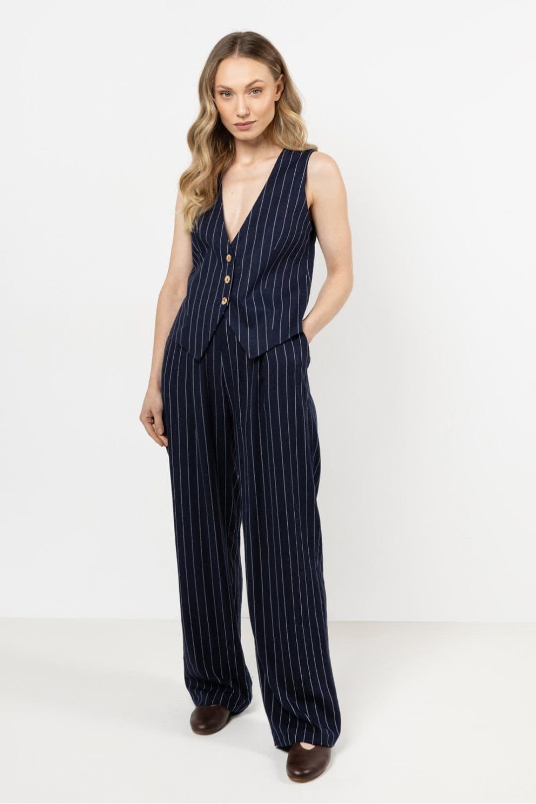 Love Lace Love Lace Blue Linen Wide Leg Striped Trousers