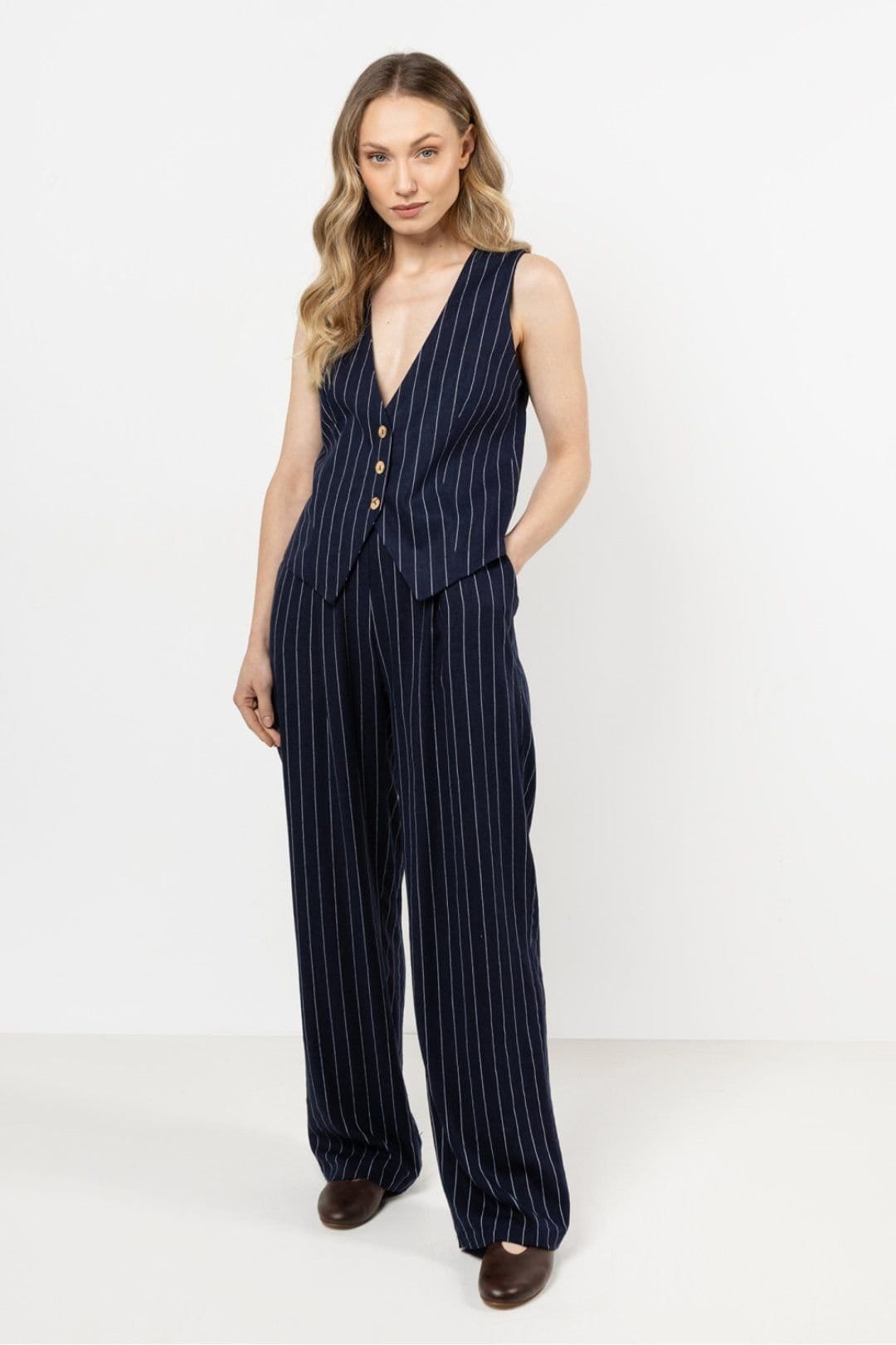 Love Lace Blue Linen Wide Leg Striped Trousers