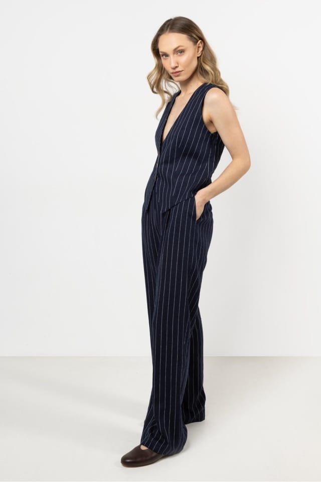 Love Lace Love Lace Women's Linen Wide Leg Striped Trousers with Elastic Waist Style 212186 in Blue - 2