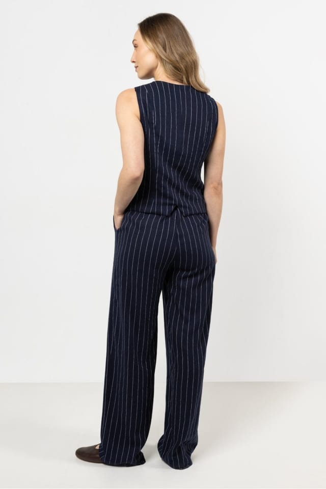 Love Lace Love Lace Women's Linen Wide Leg Striped Trousers with Elastic Waist Style 212186 in Blue - 3