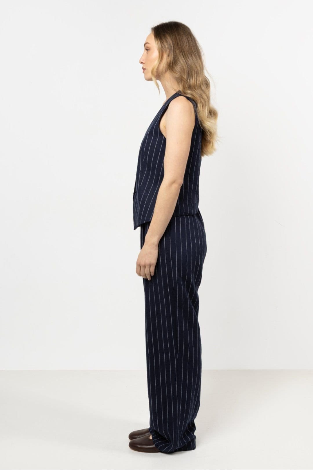 Love Lace Love Lace Women's Linen Wide Leg Striped Trousers with Elastic Waist Style 212186 in Blue - 4