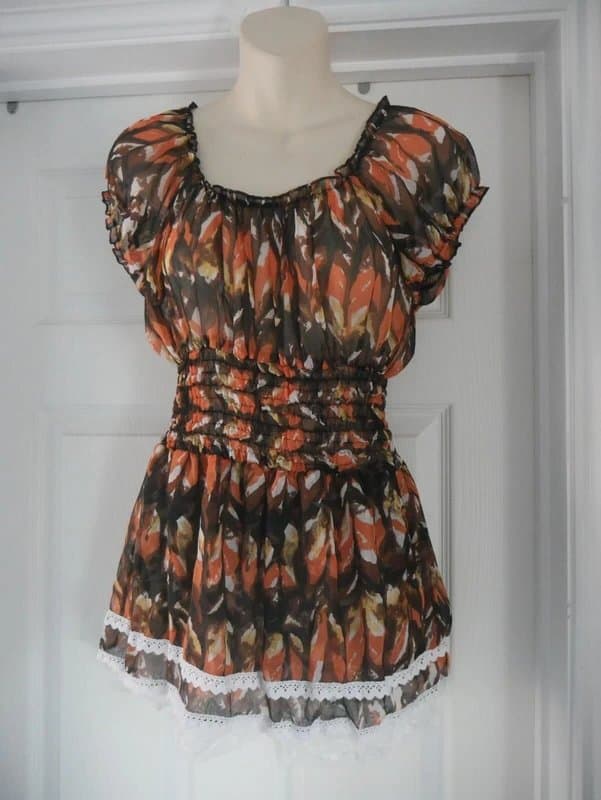 Carbon Carbon Blouse Ladies Size 12 Brown Fire Lace Hem Chiffon Top Summer Holiday New