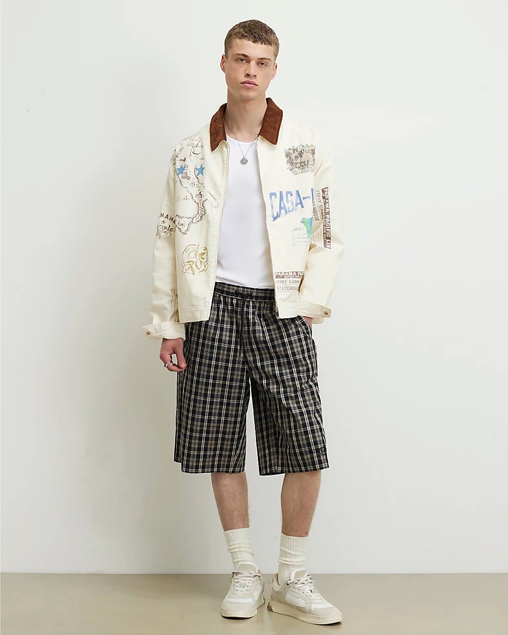 River Island Mens River Island Cream Contrast Collar Badged Jacket