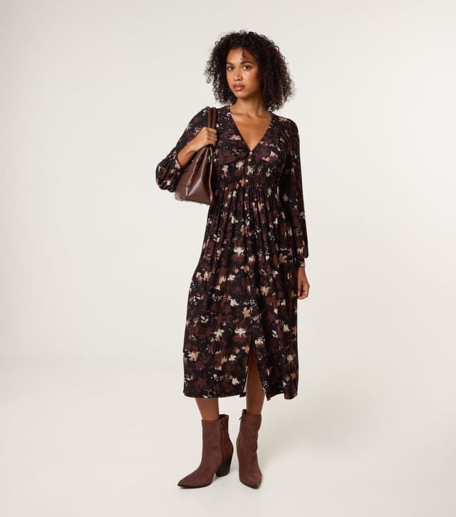 Blue Vanilla Women's Brown Leaf Print Midi Dress Blue Vanilla New Look - 3