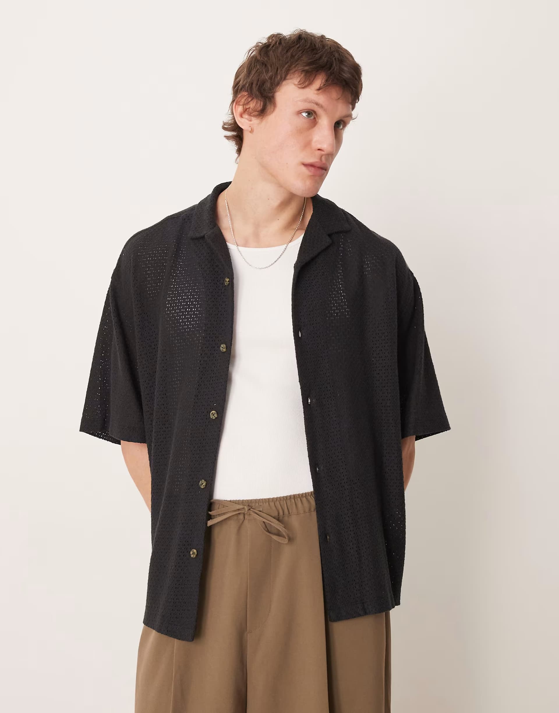ASOS ASOS DESIGN oversized revere open texture shirt in black