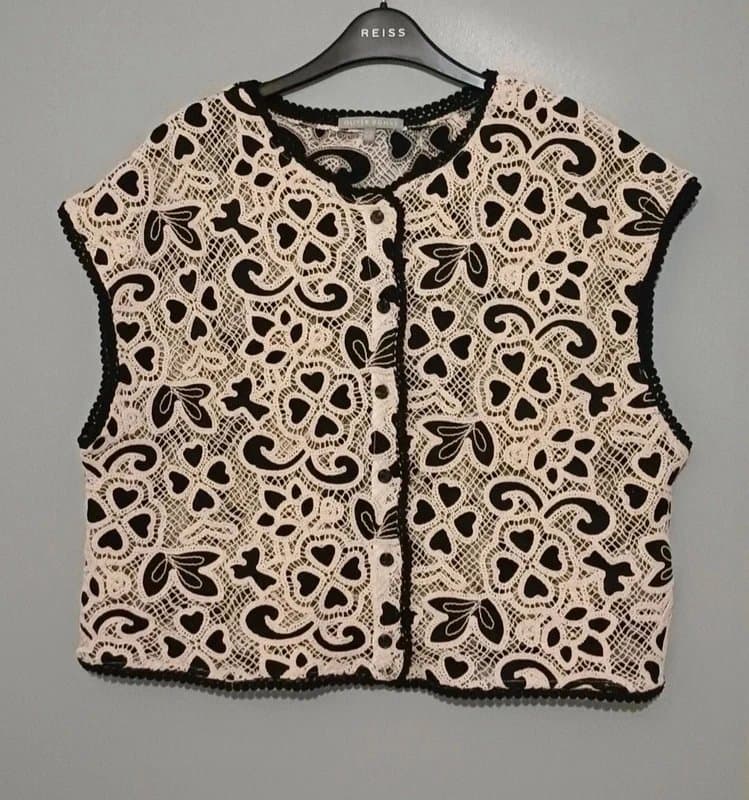 Oliver Bonas Oliver Bonas Cream Black Crochet Button Up Waistcoat  - size 16