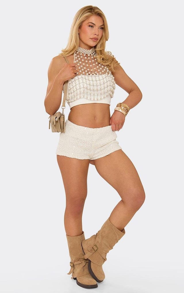 EGO Halterneck Pearl Detail Crop Top In White, Women's Size UK L - 2