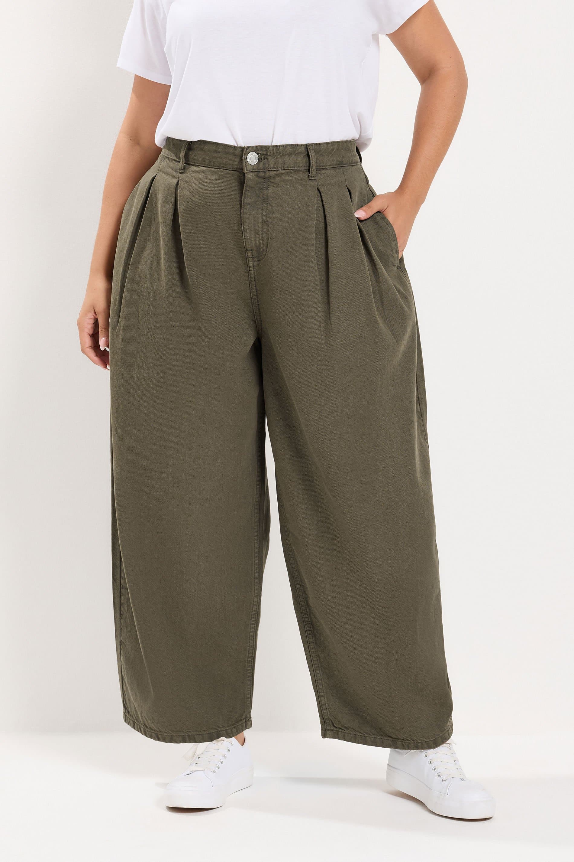Yours Plus Size Olive Green Pleated Barrel Jeans