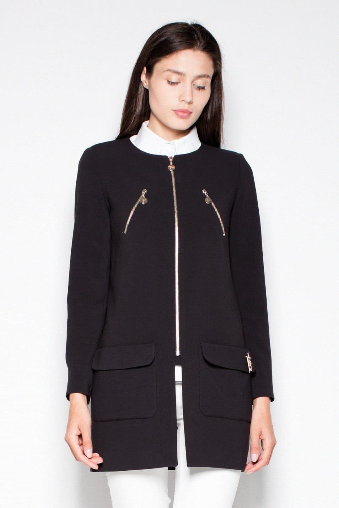 Love Lace Love Lace Women's Straight Zip Coat with Slit & Pocket Detail in Black