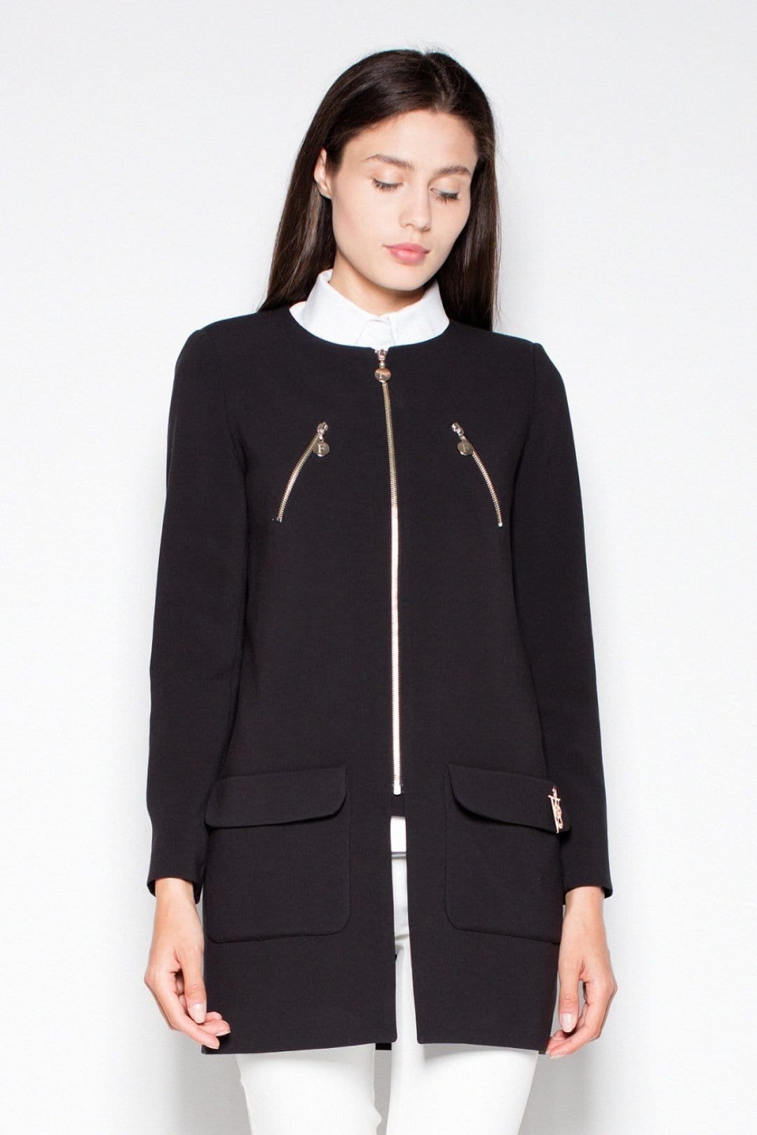 Love Lace Black Straight Zip Coat with Slit & Pocket Detail